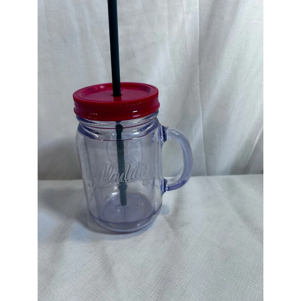 Aladdin Mason Jar Tumbler 16oz Purple Red Lid Insulated Plastic Mug with Straw